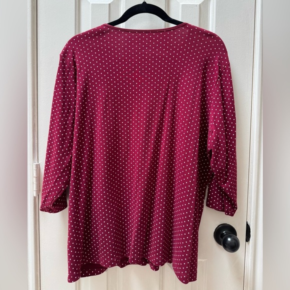 CJ Banks 2X Cotton 3/4 Sleeve Polka Dot Top, Burgundy - Picture 3 of 5